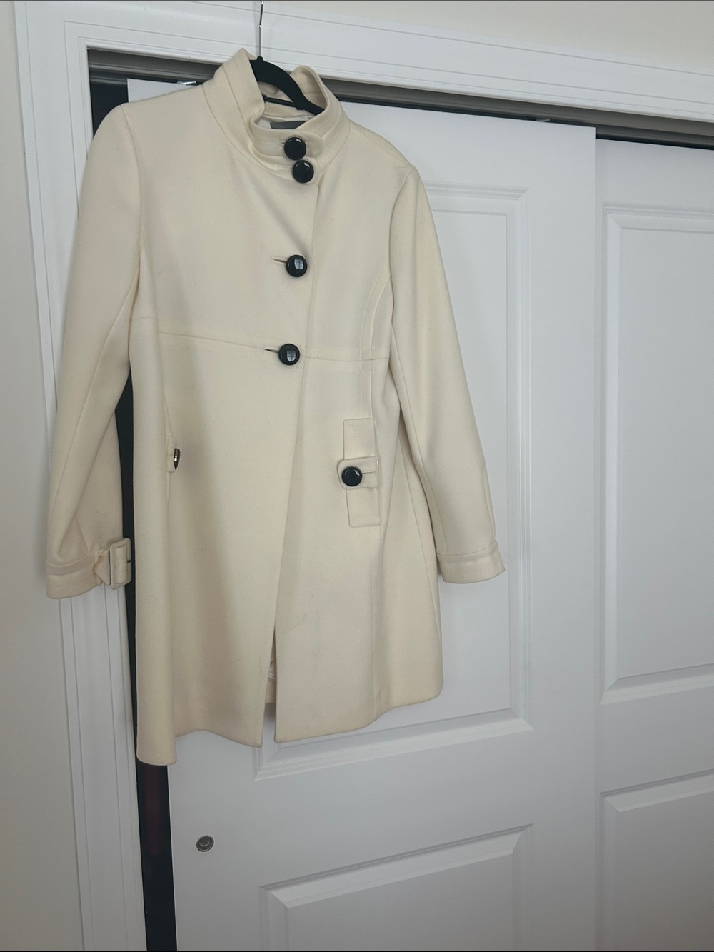 Ann Taylor Cream High-Collar Pea Coat with Black Buttons
